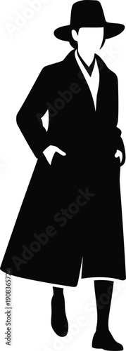 Silhouette of a confident woman in a long coat and hat