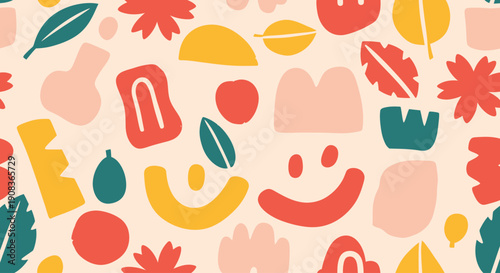 Vibrant illustrations of cartoon objects and shapes in various colors displayed in a playful pattern from a direct overhead viewpoint