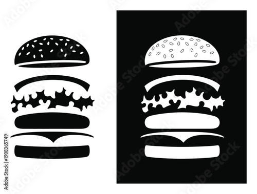 Stylized Black and White Burger with Sesame Seed Buns