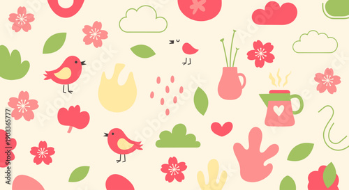 Illustrations of birds, flowers, and objects in a whimsical pattern on a soft background from a top view