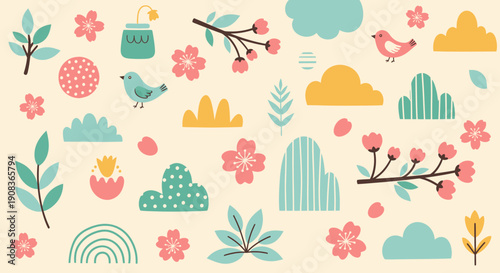 Illustrations of flowers, birds, and clouds in a whimsical pattern on a soft background viewed from above