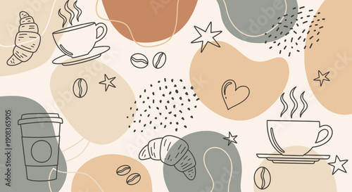 A visually appealing pattern featuring coffee cups, croissants, and stars on a simple background viewed from directly above.