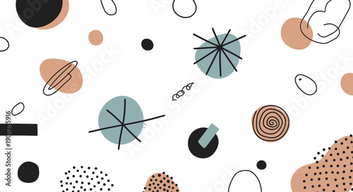 Abstract illustration of geometric shapes and patterns in various sizes and colors, viewed from directly above