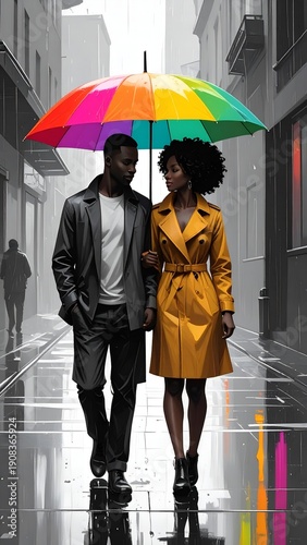 young couple walking in the rain