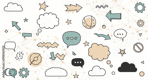 Collection of various icons and symbols scattered across a clean background depicting communication and technology concepts from a straightforward viewpoint