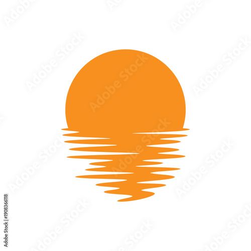 Minimalist orange sun setting over dark water with wavy reflection