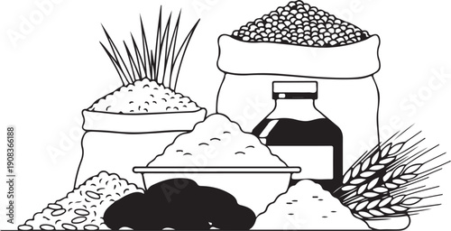 Various bags of ingredients and a bottle of oil on a table.