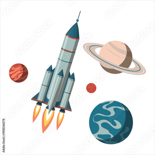 A cartoon rocket ship blasts off into space among planets
