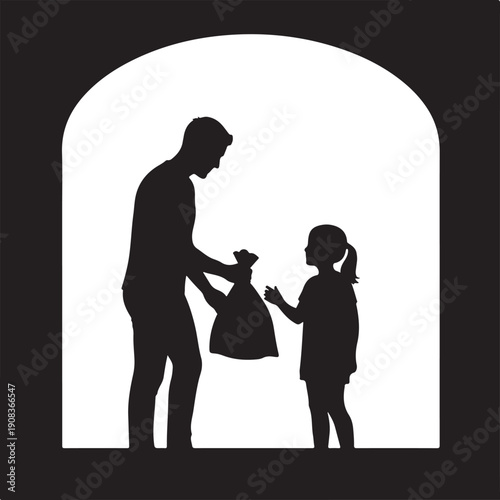 A silhouette of a man and a girl exchanging a bag in front of an archway