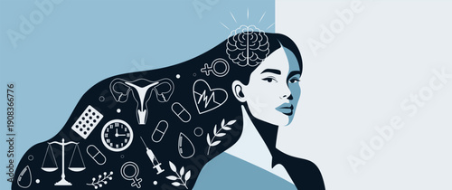 Women's Health Day. Women's mental health. Woman with long hair, medical symbols uterus, heart, brain, scales, pills. Mindfulness, care. Vector banner in a blue palette to awareness of women's health