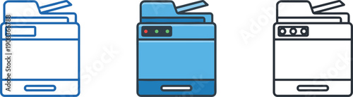 Office photocopier machine icons set printing copier equipment vector illustration collection technology hardware device design elements