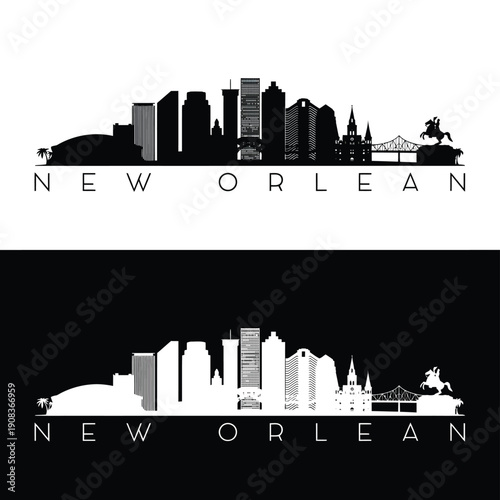 New orleans skyline silhouette with text presented in dual tone variations