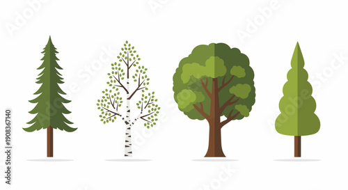 Collection of diverse stylized trees: evergreen, birch, oak, and cypress, isolated on white background