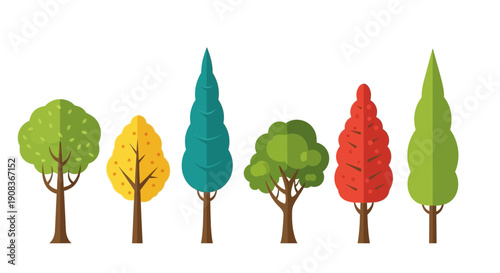 Set of stylized trees in different shapes and colors, flat design