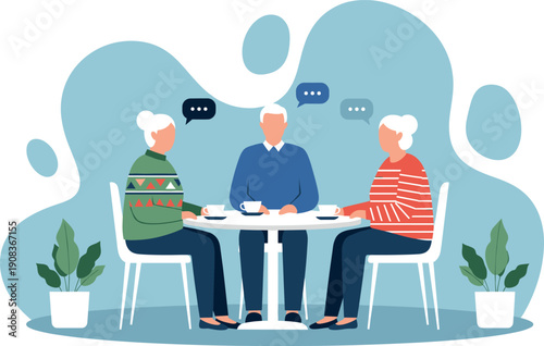 Senior people sitting at a round table drinking coffee and talking with speech bubbles representing retirement social life and friendship.