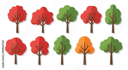 Set of stylized trees with red, green, and orange foliage, flat design, isolated on white background.