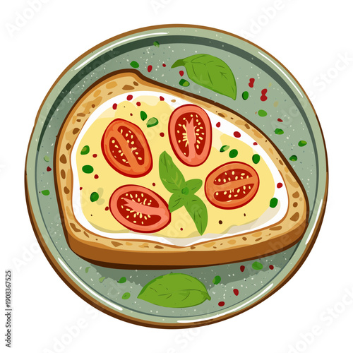 Healthy toasted bread with fresh sliced tomatoes and basil leaves served on a ceramic round plate - Vector Illustration