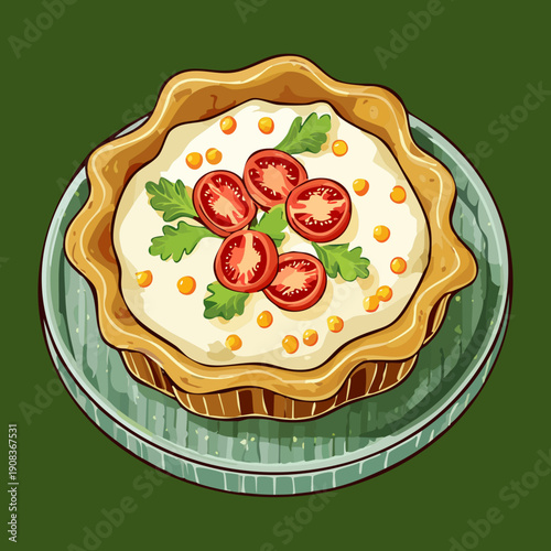 Savory vegetable tart with cherry tomatoes and herbs in bowl for healthy and delicious vegetarian breakfast meal - Vector Illustration