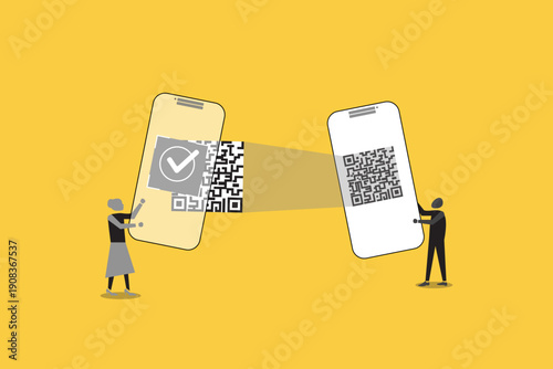 people scanning a QR code with smartphones for digital payment, verification, and contactless technology