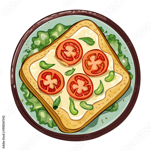 Open faced sandwich with fresh tomato slices and herbs on plate for simple healthy breakfast snack meal - Vector Illustration