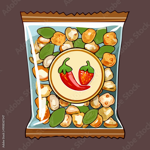 Pack of roasted corn kernels with spicy chili for crunchy and delicious vegetarian snack on the go - Vector Illustration