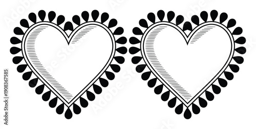 Two decorative hearts with black teardrop borders and striped interiors