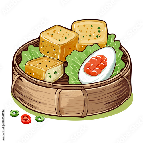 Steamed buns in bamboo basket with boiled egg for traditional and healthy asian breakfast or snack meal - Vector Illustration