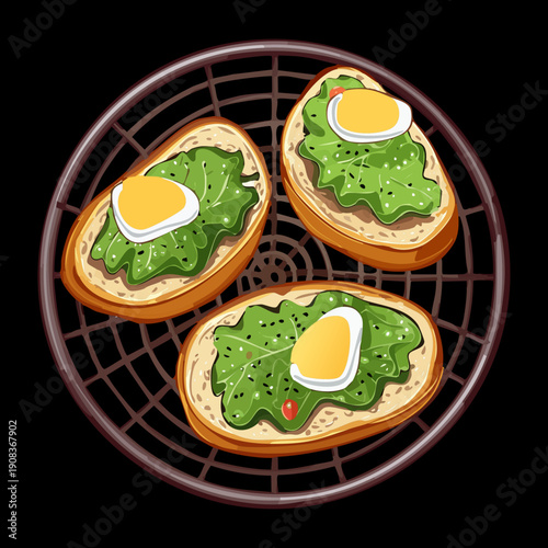 Toasted bread topped with green pesto and boiled eggs for healthy and delicious vegetarian appetizer snack meal - Vector Illustration