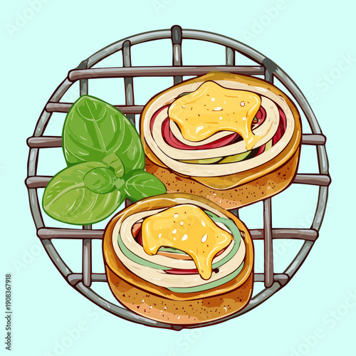 Two open faced sandwiches with ham and egg on wire rack for quick and healthy breakfast snack - Vector Illustration
