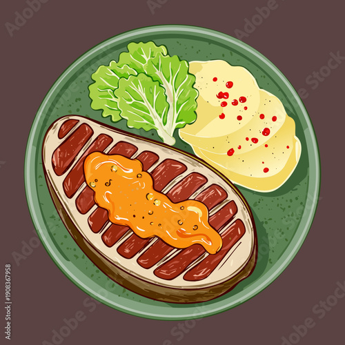 Sliced grilled steak with mashed potatoes and fresh greens for delicious and satisfying protein rich dinner meal - Vector Illustration