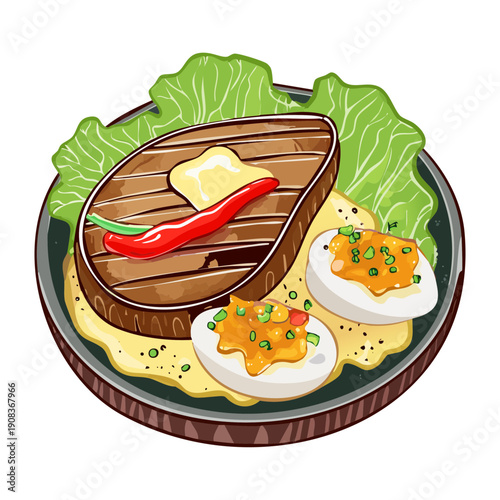Juicy grilled steak with fried eggs and fresh salad for high protein keto diet lunch or dinner - Vector Illustration