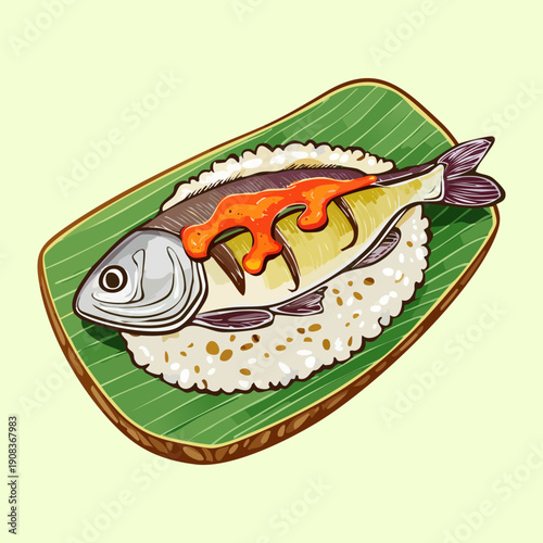 Whole grilled fish on green banana leaf with fresh spicy sauce for traditional tropical seafood dinner meal - Vector Illustration
