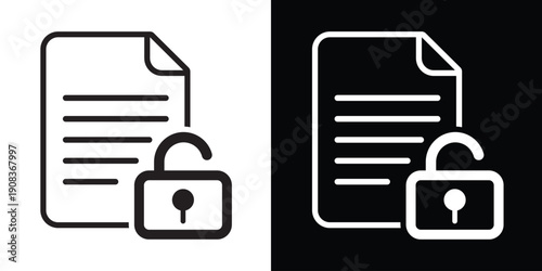 Document file icon with an open padlock symbol. Illustrates data accessibility, decrypted files, information security, and unlocked privacy. Perfect for cybersecurity and software interface themes.