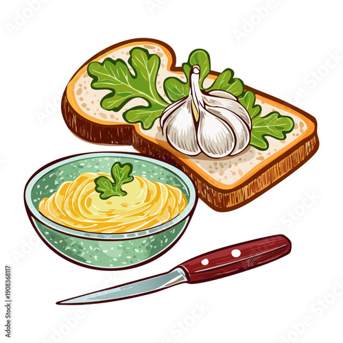 Toasted bread with creamy dip and fresh garlic bulb for savory italian style appetizer or snack meal - Vector Illustration