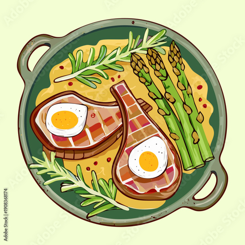 Pan seared salmon with asparagus and fried eggs in cast iron skillet for delicious homemade healthy breakfast - Vector Illustration