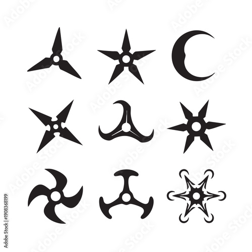 Ninja Shuriken silhouette set, throwing star flat icon for games and websites.  vector isolated on a white background. 