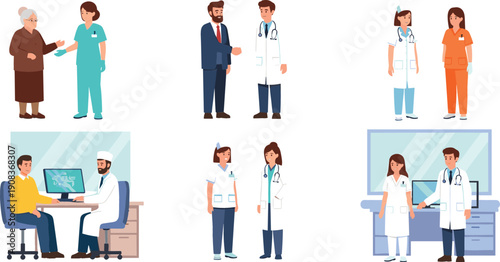 Flat vector illustrations of doctors and nurses consulting with patients and colleagues in modern medical and clinical settings