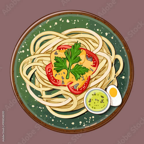 Italian pasta spaghetti with fresh green pesto sauce and boiled egg for healthy vegetarian lunch bowl meal - Vector Illustration