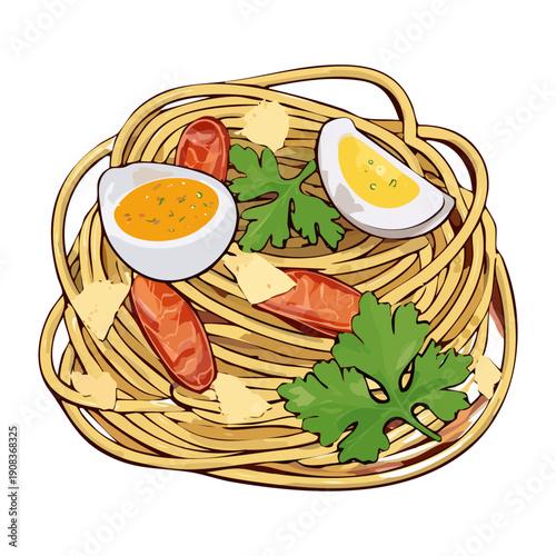 Asian style noodle bowl with boiled eggs and fresh cilantro for nutritious and spicy oriental lunch meal - Vector Illustration