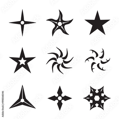 Ninja Shuriken silhouette set, throwing star flat icon for games and websites.  vector isolated on a white background. 
