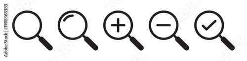 Magnifying glass icons including standard search, zoom in with plus, zoom out with minus, and search result with checkmark