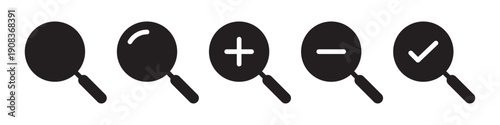 Magnifying glass icons including standard search, zoom in with plus, zoom out with minus, and search result with checkmark