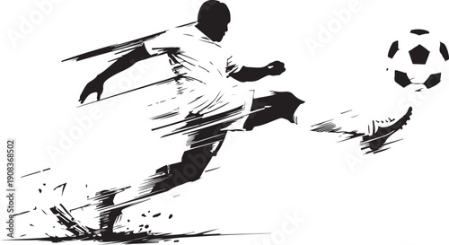 Dynamic black and white illustration of a soccer player in action.