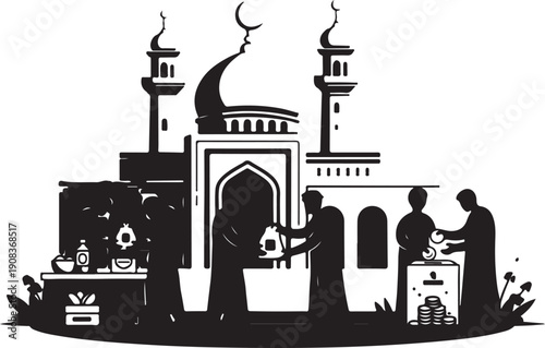 People praying in front of a mosque during the holy month of ramadan.