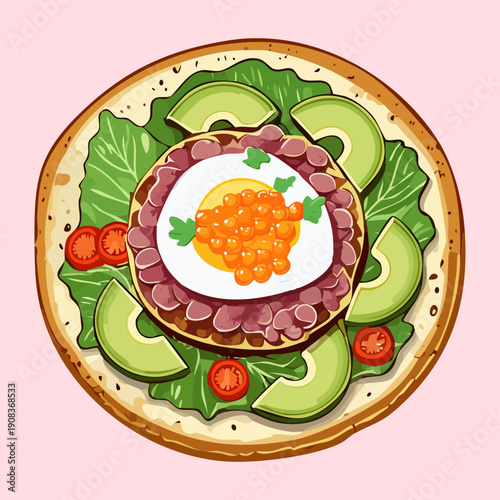 Fresh avocado toast topped with egg and salmon roe on plate for gourmet healthy morning breakfast snack - Vector Illustration