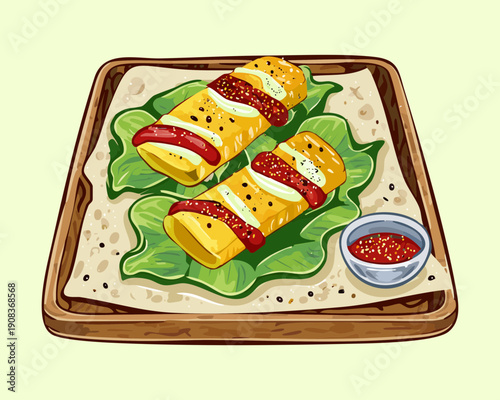Delicious yellow corn wraps with spicy dipping sauce and fresh herbs on rustic wooden platter for dinner - Vector Illustration