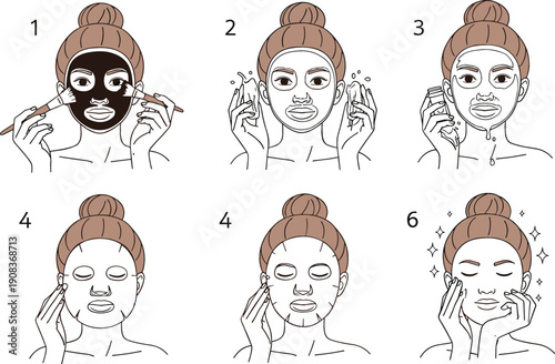 Skincare routine infographic showing six steps of applying facial mask and beauty treatment for healthy glowing skin illustration