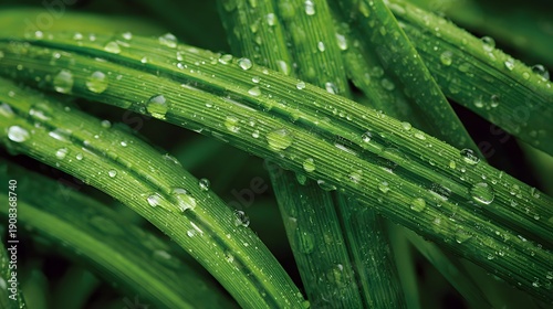 Close-up Macro Shot of Dew Drops on Vibrant Green Grass Blades.