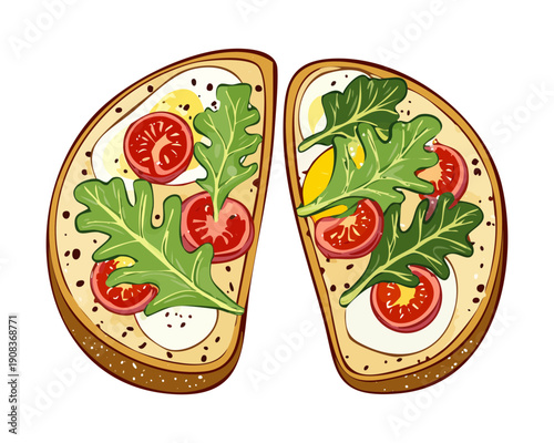 Two slices of toast topped with tomatoes and green salad leaves for a healthy breakfast - Vector Illustration