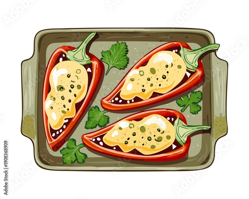 Baked bell peppers stuffed with cheese and herbs served in a green ceramic baking dish - Vector Illustration